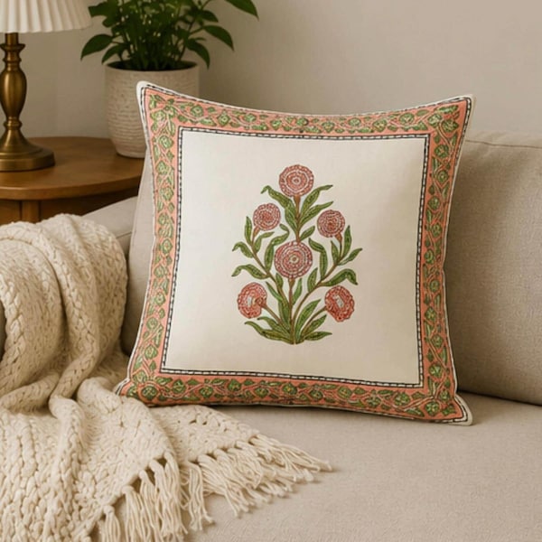 Block Print Marigold Cushion Cover | Hand-Printed Cotton Pillow, Jaipur Floral Decor