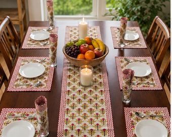 Hand Block Print Table Runner Set – Pink Floral Cotton Placemats, Napkins – Jaipur Farmhouse Decor