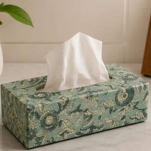 Green Floral Fabric Tissue Box Cover | Handmade Botanical Print Holder