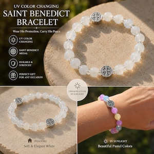 Braccialetto di San Benedetto che cambia colore alla luce del sole / Braccialetto di protezione cattolico / Braccialetto con perline reattive ai raggi UV / Regalo di gioielli cattolici fatti a mano