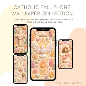 Può includere: Una collezione di sfondi digitali per telefono con temi cattolici, icone 3D color pastello come croci, colombe, Gesù e foglie autunnali. Il testo recita CATHOLIC FALL PHONE WALLPAPER COLLECTION, High-Resolution Wallpapers, Instant Download, iPhone & Android Compatible e Inspired by our faith.