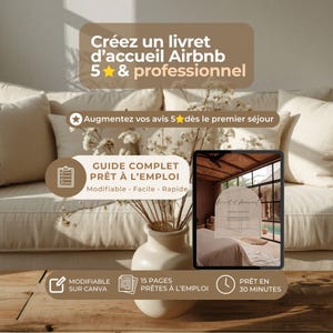 Peut inclure: Publicité pour un livret d'accueil Airbnb. Le texte dit : "Créez un livret d'accueil Airbnb 5 étoiles & professionnel." Une tablette affiche la couverture du livret. Un vase avec des fleurs séchées est également visible.
