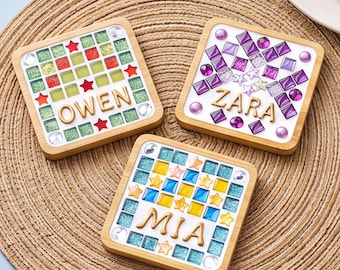 Custom Name Mosaic Coaster, DIY Mosaic Craft Kit or Finished, Personalized Gift for Her, Desk Decor
