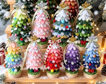 Pipe Cleane Christmas Tree ,  Chenille Xmas Tree with Wooden Base, Tabletop Decor, Colorful Holiday Desk Centerpiece Gift, 8 Styles 3 Sizes