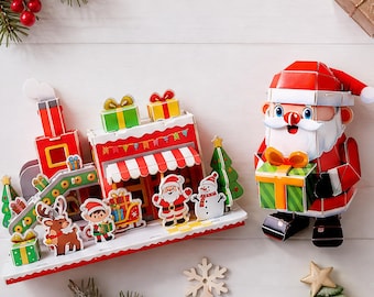 3D Christmas Puzzle, Paper Model Kit in Santa or Workshop Design, Red and Green Tabletop Decor, Christmas Gift