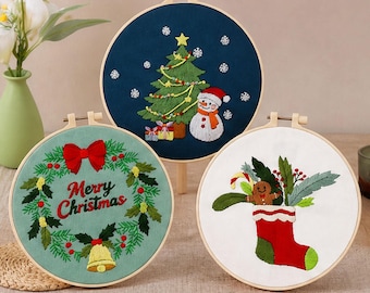 DIY Christmas Embroidery Kit for Beginners Holiday Needlework Starter Kit Winter Snowman Wreath Stocking Hoop Craft Gift