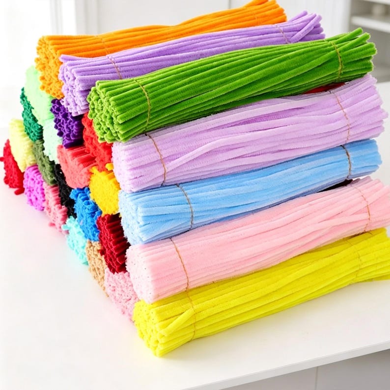 May include: A large collection of fuzzy pipe cleaners bundled together in various vibrant colors including orange, purple, green, light purple, blue, pink, yellow, red, black, and tan. Each bundle is secured with a thin, light-colored string.