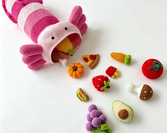 Cute Axolotl Amigurumi Pattern, Crochet Food Basket Set, Kids Montessori Learning Toy PDF,DIY Monster Feeding Game