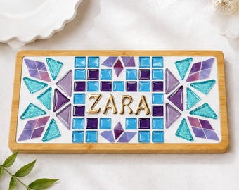 Personalized DIY Mosaic Coaster Kit Custom Name Craft Set Rectangle Oval Bamboo Tray Unique Handmade Gift Adults Kids