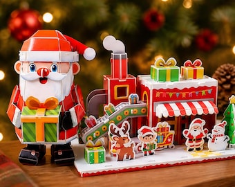 Christmas Craft Kit, 3D Paper Puzzle in Santa or Workshop Design, Festive Decor and Gift for Family Craft Time
