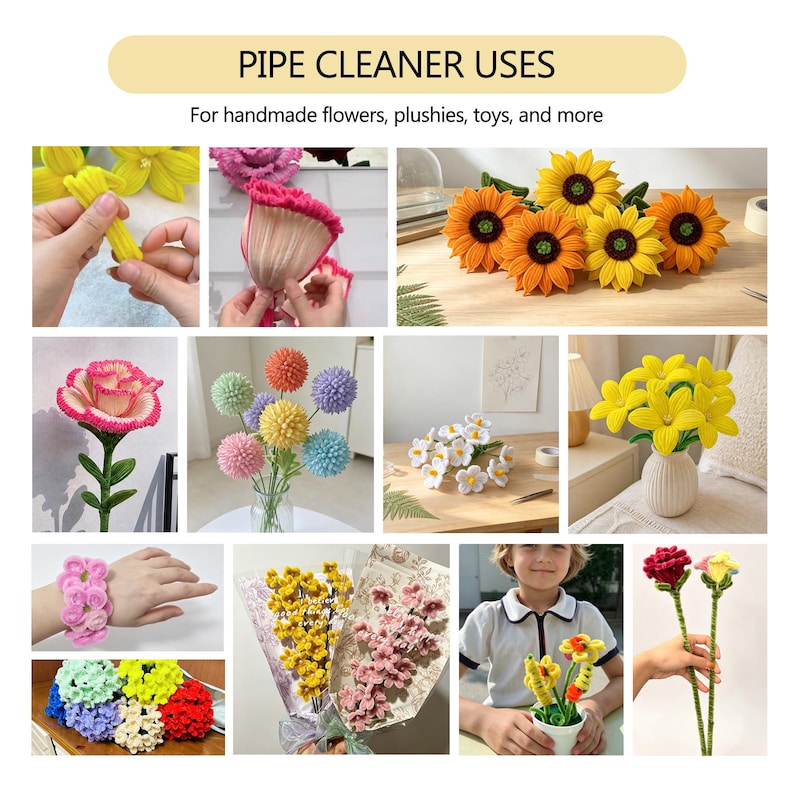 May include: A collage of pipe cleaner crafts featuring sunflowers, daisies, carnations, and spherical flowers in various colors. The text reads PIPE CLEANER USES and For handmade flowers, plushies, toys, and more. The images show stems and bouquets.