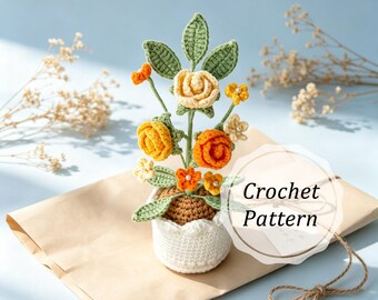 Crochet Rose Pattern PDF Amigurumi Flower Pot Tutorial Potted Plant Decor DIY Desk Flower Gift