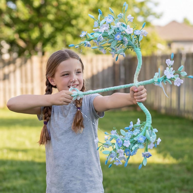 May include: A decorative bow wrapped in light green fabric, adorned with clusters of light blue and white fabric flowers at both ends and the center. The bow features a thin, translucent string connecting the two ends, creating a floral-themed prop.
