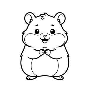 Op de afbeelding: Een zwart-wit lijntekening van een hamster met grote ronde oren, wijde ogen en een kleine neus. De hamster staat rechtop met de voorpootjes bij elkaar voor de borst, uitgevoerd in een eenvoudig ontwerp met duidelijke zwarte lijnen.