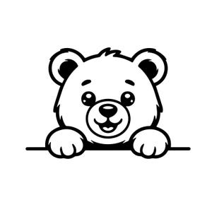May include: A black and white cartoon illustration of a bear's head and paws. The bear has large, round eyes, a smiling mouth, and is holding onto a horizontal line with its paws. The design is simple and clean.