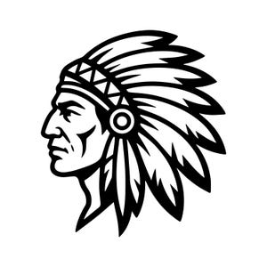 Puede incluir: Ilustración en blanco y negro de un jefe nativo americano de perfil. La imagen presenta una representación detallada del rostro del jefe, el tocado con plumas y los adornos tradicionales. El diseño es audaz y gráfico, adecuado para diversas aplicaciones.