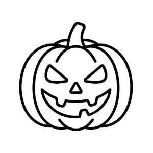 以下が含まれることがあります： ハロウィーンのカボチャの白黒線画イラスト。三角形の目、小さな三角形の鼻、2本の歯が見える幅の広いギザギザの口が彫られた顔のデザインで、上部には曲がった茎が付いています。
