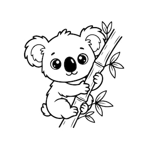 May include: A black and white line art illustration of a koala with large eyes and rounded ears, clutching a bamboo stalk with small leaves. The drawing features bold outlines and a clean design, focusing on the koala's face and body posture.