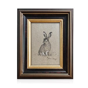 May include: Framed artwork featuring a detailed pencil sketch of a hare. The artwork is set against a neutral background and framed in a multi-layered frame with black, gold, and brown tones. The artist's signature, "Doris Gray," is visible.