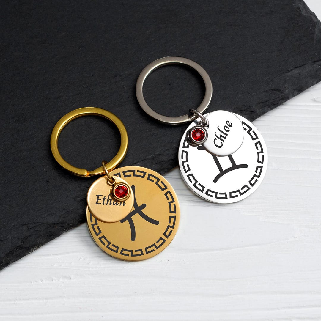 Zodiac Sign Keychain With Personalized Name Disc and Charm With ...