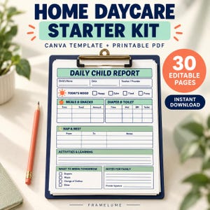 Könnte beinhalten: Ein Home Daycare Starter Kit Dokument auf einem dunkelblauen Klemmbrett. Das druckbare Formular trägt den Titel Daily Child Report und enthält Abschnitte für Stimmung, Mahlzeiten, Snacks, Windeln, Schlafenszeiten und Notizen für die Familie.