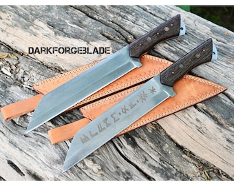 Hand Forged Viking Seax Knife, Full Tang Carbon Steel Knife, Wenge Handle, Leather Sheath
