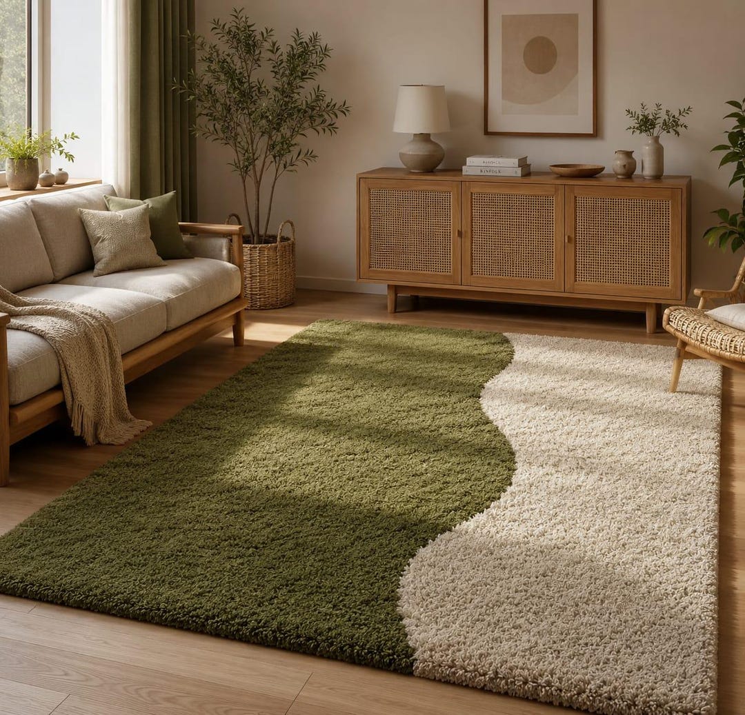 Olive Green and Ivory Abstract Rug - Modern Plush Area Rug for Living ...