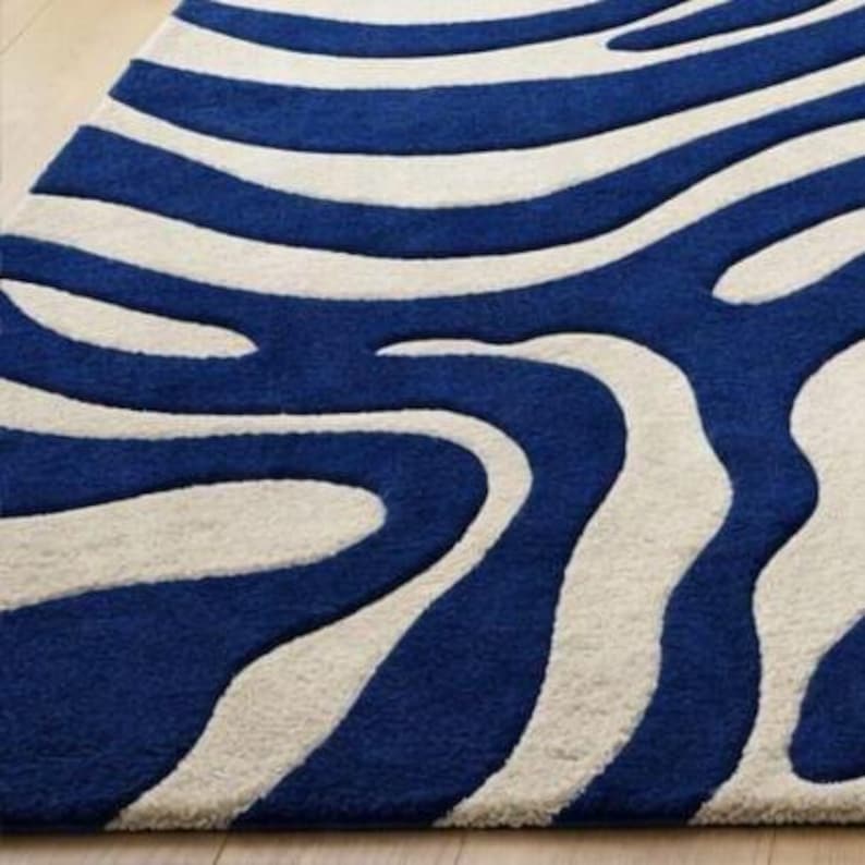 Blue Abstract Wavy Rug, Modern Handmade Tufted Carpet, Soft Plush Area ...