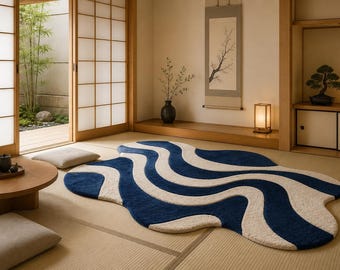 Tappeto in lana trapuntato a mano, motivo astratto a onde blu navy e avorio, tappeto moderno per soggiorno.