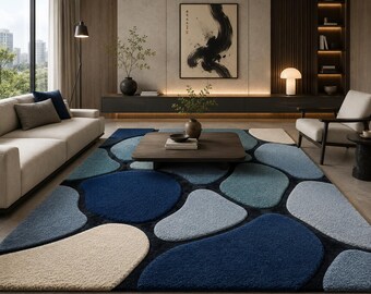 Tappeto trapuntato a mano con ciottoli, tappeto astratto con pietre di fiume, decorazione per la casa blu navy e avorio