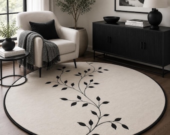 Tappeto rotondo in lana con motivi botanici, tappeto trapuntato a mano avorio e nero, tappeto moderno e minimalista per soggiorno.