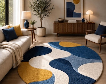 Tappeto rotondo astratto trapuntato a mano – Blu navy, crema e senape, tappeto contemporaneo in lana