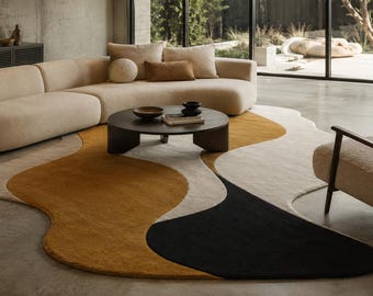 Tappeto trapuntato a mano dalla forma irregolare, tappeto in lana ispirato all'arte moderna, complemento d'arredo di lusso.