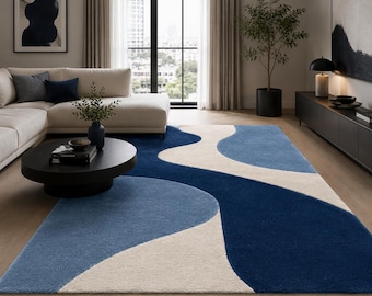 Tappeto astratto blu trapuntato a mano, lussuoso tappeto moderno per soggiorno, tappeto in lana in stile scandinavo contemporaneo