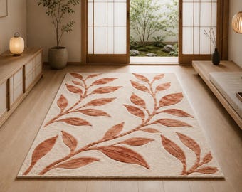 Tappeto botanico in lana trapuntato a mano, tappeto moderno con motivo a foglie, tappeto giapponese per soggiorno, decorazione ispirata alla natura.