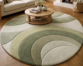 Tappeto rotondo ad arco arcobaleno verde salvia – Tappeto in lana trapuntato a mano per un arredamento moderno del soggiorno in stile metà secolo