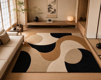 Tappeto astratto contemporaneo, tappeto in lana trapuntato a mano, tappeto geometrico moderno per soggiorno e camera da letto.
