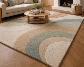 Tappeto trapuntato a mano, tappeto in lana dal design contemporaneo ad arco, tappeto neutro per soggiorno, arredamento moderno