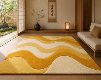 Tappeto Golden Wave in lana trapuntato a mano – Tappeto moderno astratto nei colori giallo senape e avorio