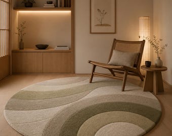 Tappeto ondulato in lana trapuntato a mano, tappeto moderno organico in stile giapponese, tappeto astratto irregolare verde salvia per l'arredamento del soggiorno.