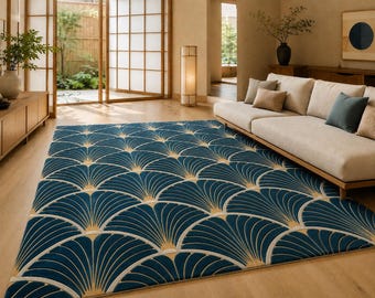 Tappeto moderno in lana con motivo a ventaglio, blu e avorio, trapuntato a mano, tappeto di design per soggiorno.