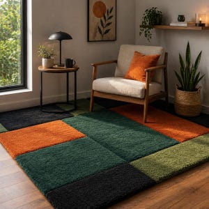 Modern Geometric Patchwork Rug Green Orange Black Area Rug for Living Room Bedroom Home Decor