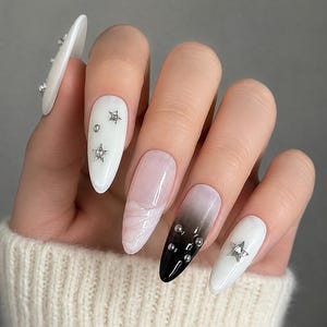 Soft Neutral Press On Nails, Black Ombre Star Nails, Silver Stud Nail Set, Handmade Glossy Nails, Almond False Nails, Gothic Chic Nails