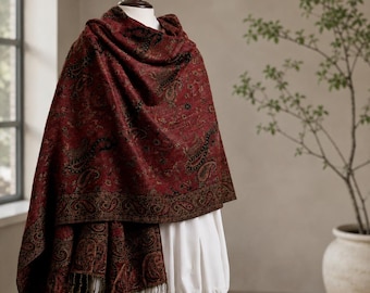 Elegant Burgundy Paisley Shawl Wrap for Women, Luxury Pashmina Style Scarf, Soft Winter Wedding Evening Wrap, Boho Gift for Her