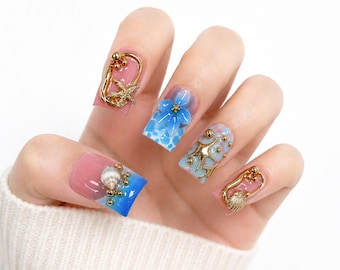 Op de oceaan geïnspireerde pers op de nagels | 3D Shell Starfish Summer Beach Luxury