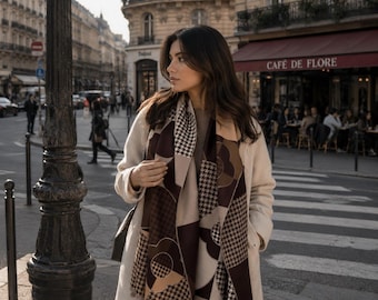 Elegant Brown Geometric Scarf for Women, Soft Winter Shawl Wrap, Neutral Plaid Pashmina, Cozy Oversized Fashion Scarf Gift for Her