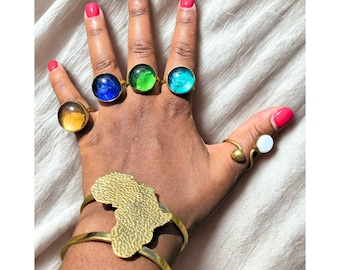 Set of 5 multi stone brass rings for women, african handmade rings, raw brass jewelry set, boho statement rings, adjustable stackable rings