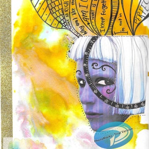 May include: A watercolor painting with a woman's face in the center. The woman has white hair and blue eyes. The background is yellow and orange with a gold glitter border. The text "GEMBOBS" is written in the lower left corner. The text "Why am I OK yet?" is written in a curved line above the woman's head.