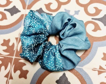 Luxury Large blue cotton scrunchie/ blue large scrunchies/ blue patchwork scrunchie/ blue handmade scrunchie/ gifts for girls