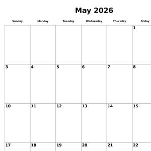 Op de afbeelding: Een blanco kalender voor mei 2026, met de maand en het jaar bovenaan. De dagen van de week staan bovenaan vermeld en de datums staan in een raster. Memorial Day staat onderaan vermeld.